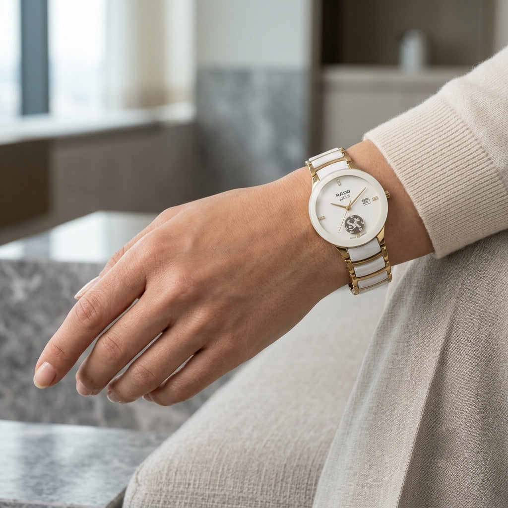 Rado Style White Ceramic Gold Tone Elegant Swiss Made Watch for Women