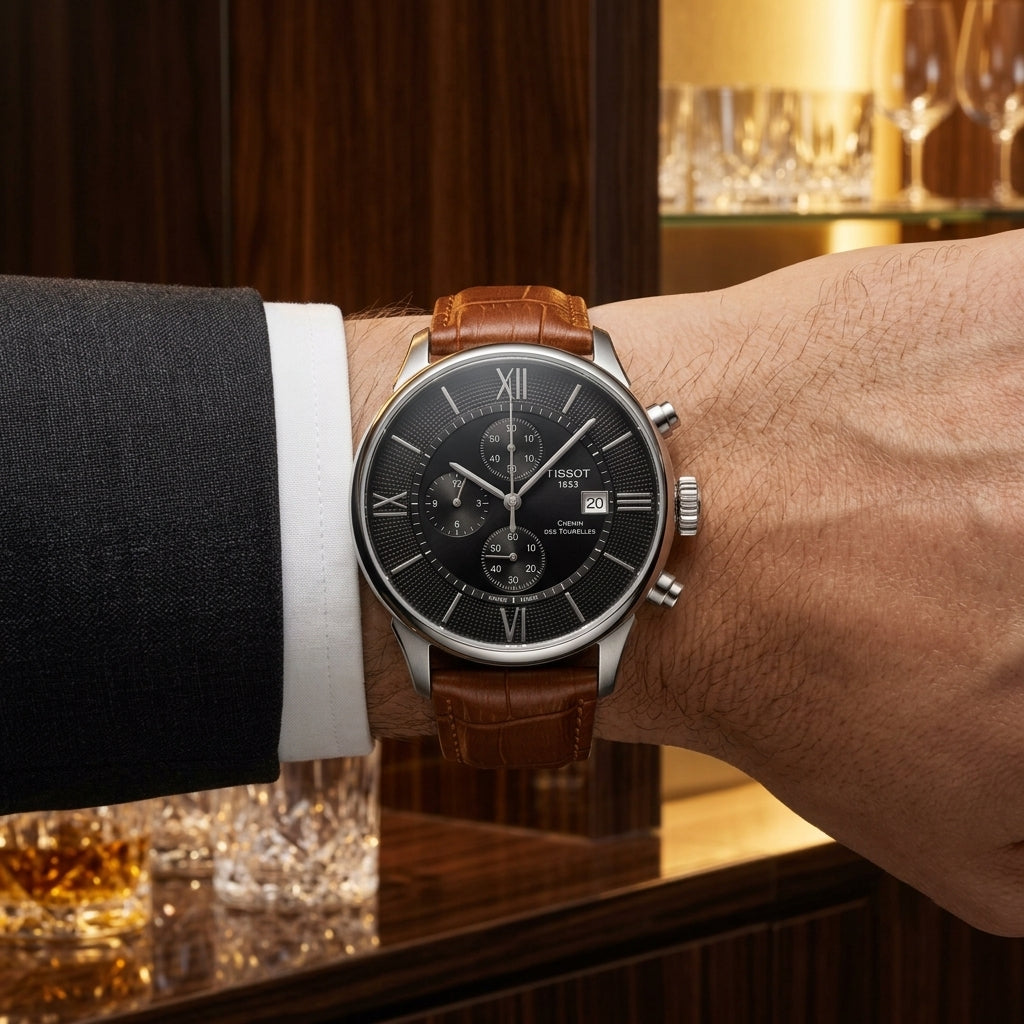 Men’s Classic Chronograph Watch with Brown Leather Strap & Black Dial