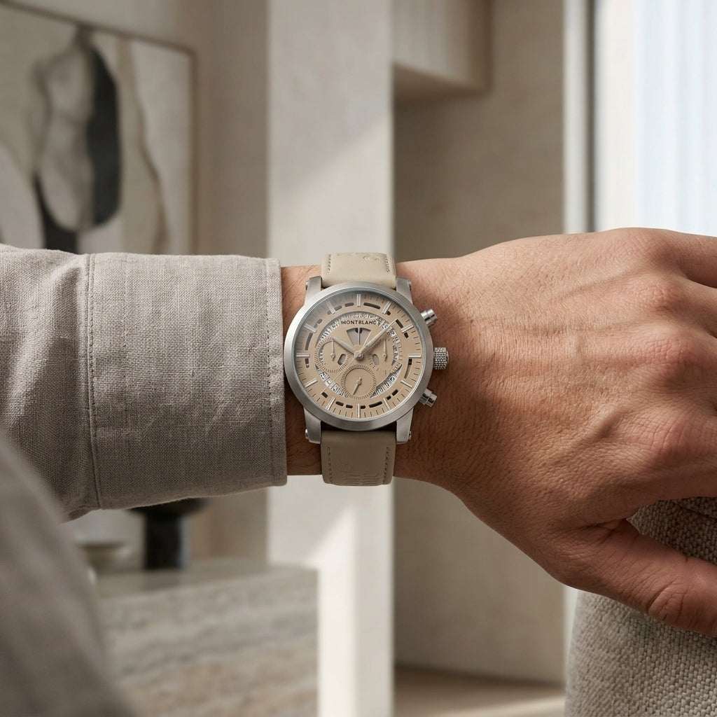 Men's Luxury Chronograph Watch with Cream Leather Strap