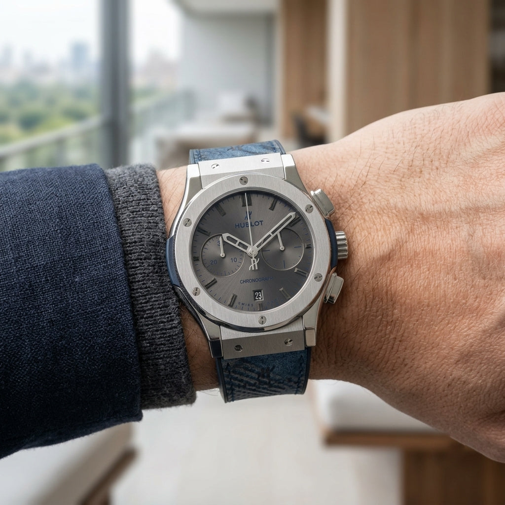 Men's Luxury Chronograph Watch with Blue Printed Strap & Silver Dial