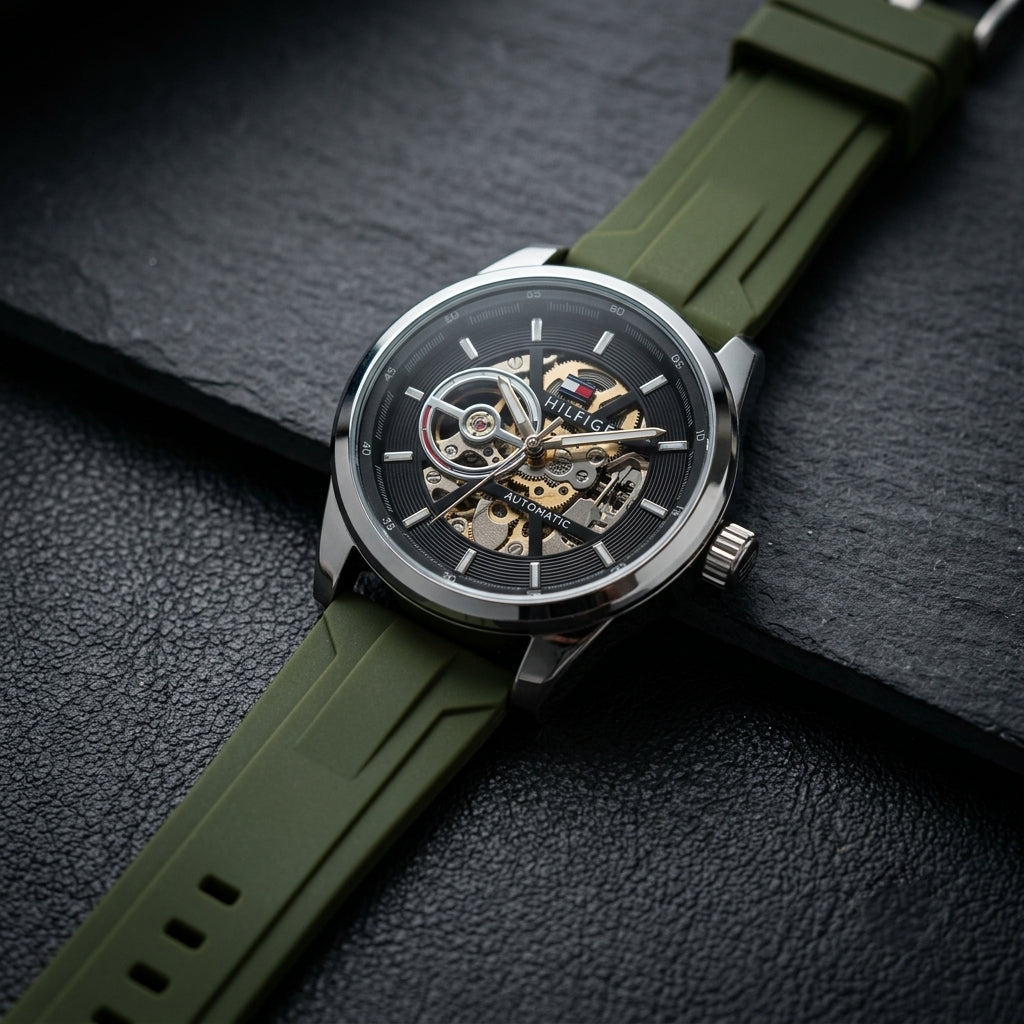 Tommy Hilfiger Men’s Automatic Skeleton Watch with Green Silicone Strap