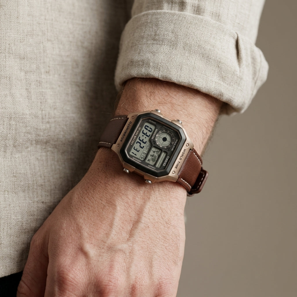 Vintage Digital Watch with Genuine Leather Strap – Retro Casual Wristwatch