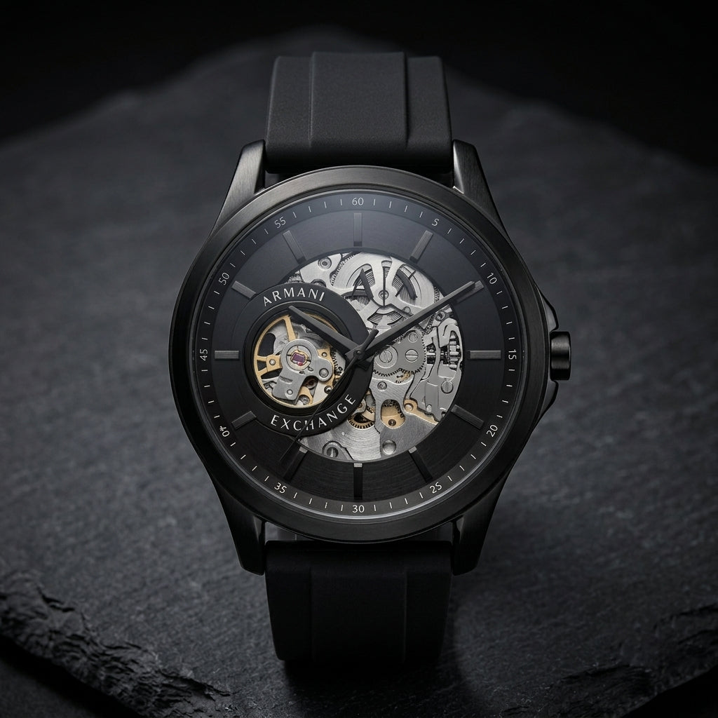 Armani Exchange Inspired Black Skeleton Analog Watch for Men