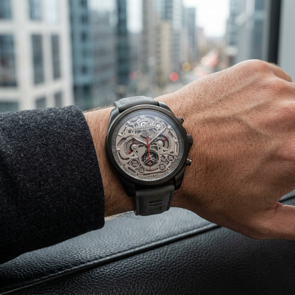 Men's Luxury Skeleton Automatic Style Chronograph Watch with Leather Strap