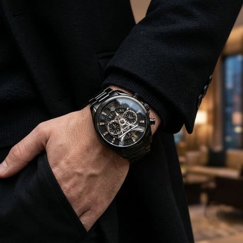 Black Chronograph Watch for Men – Stainless Steel Bracelet & Skeleton Dial