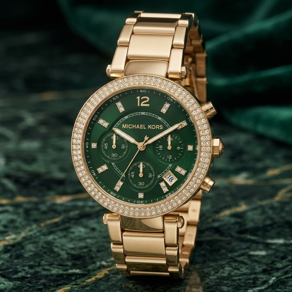 Michael Kors Green Dial Gold-Tone Chronograph Watch