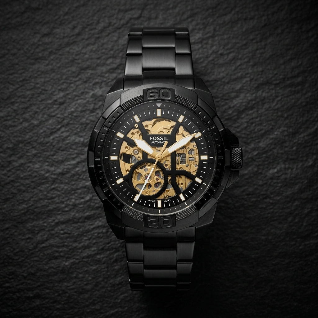 Black Automatic Skeleton Watch for Men – Gold Dial Stainless Steel Bracelet