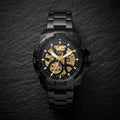 Black Automatic Skeleton Watch for Men – Gold Dial Stainless Steel Bracelet