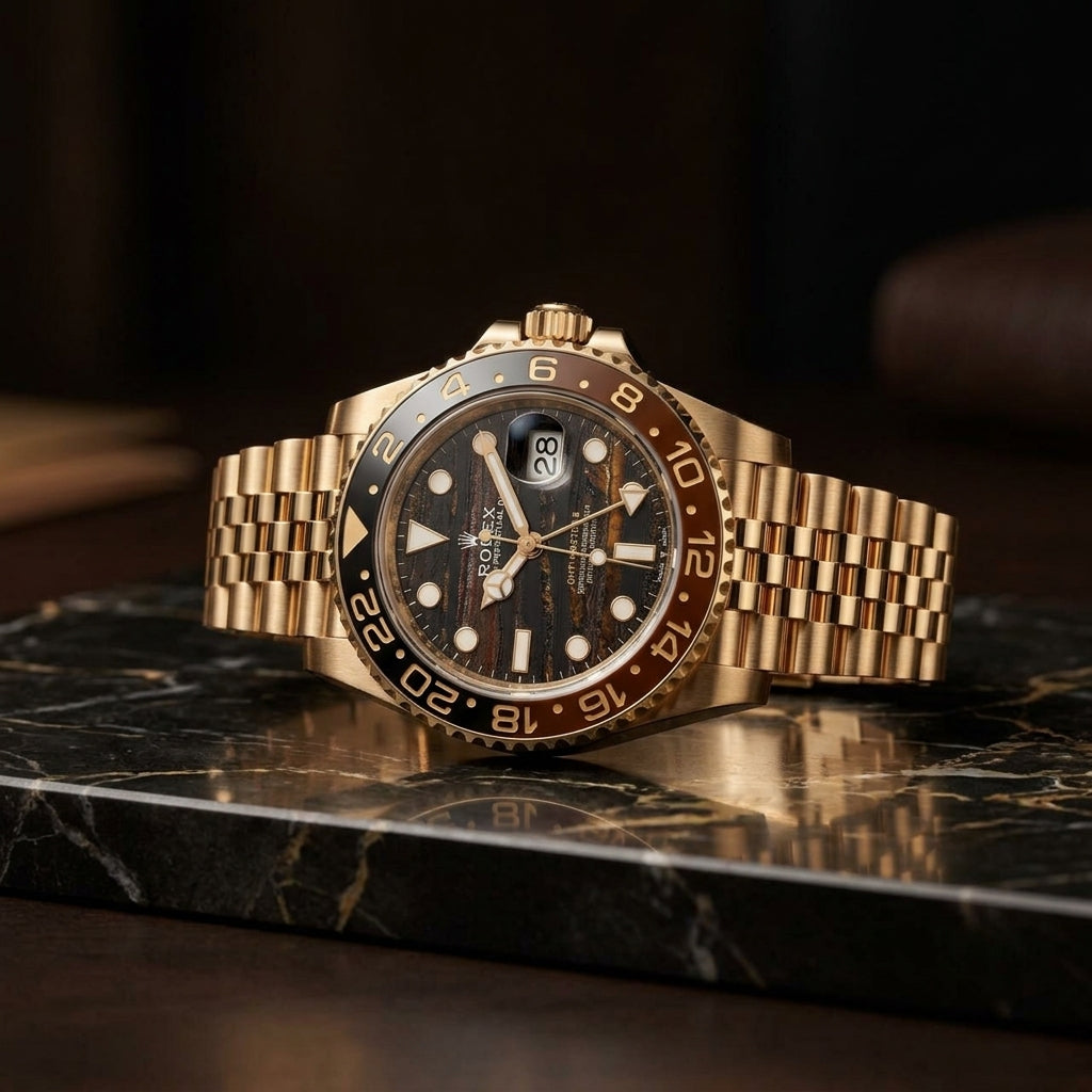 Luxury Gold Tone GMT Style Men’s Watch with Brown Dial & Jubilee Bracelet