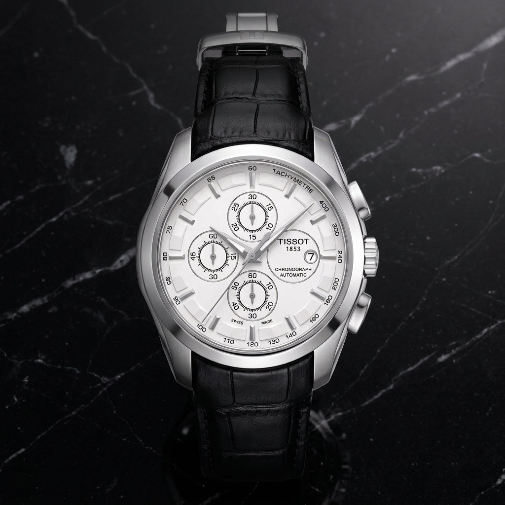 Men’s Swiss Automatic Chronograph Watch with Black Leather Strap