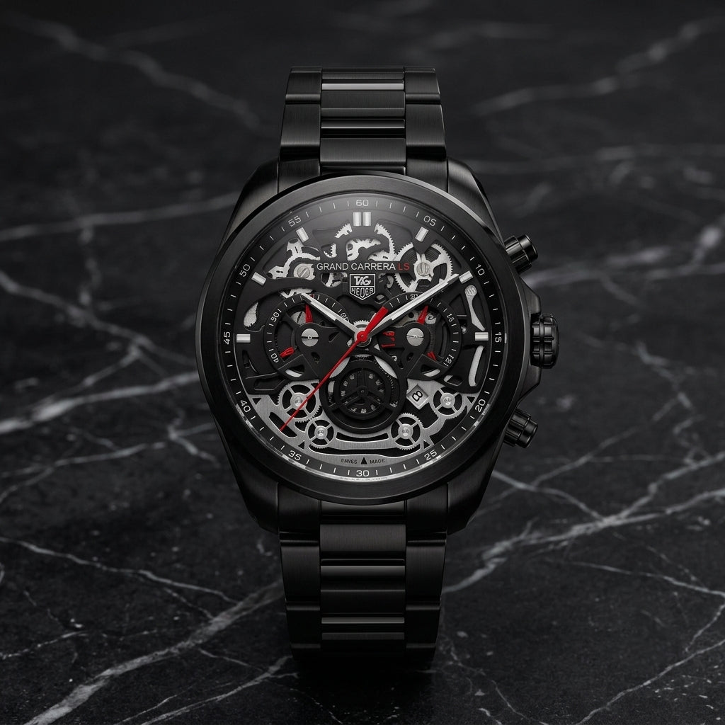 Men's Black Skeleton Chronograph Analog Watch with Stainless Steel Strap
