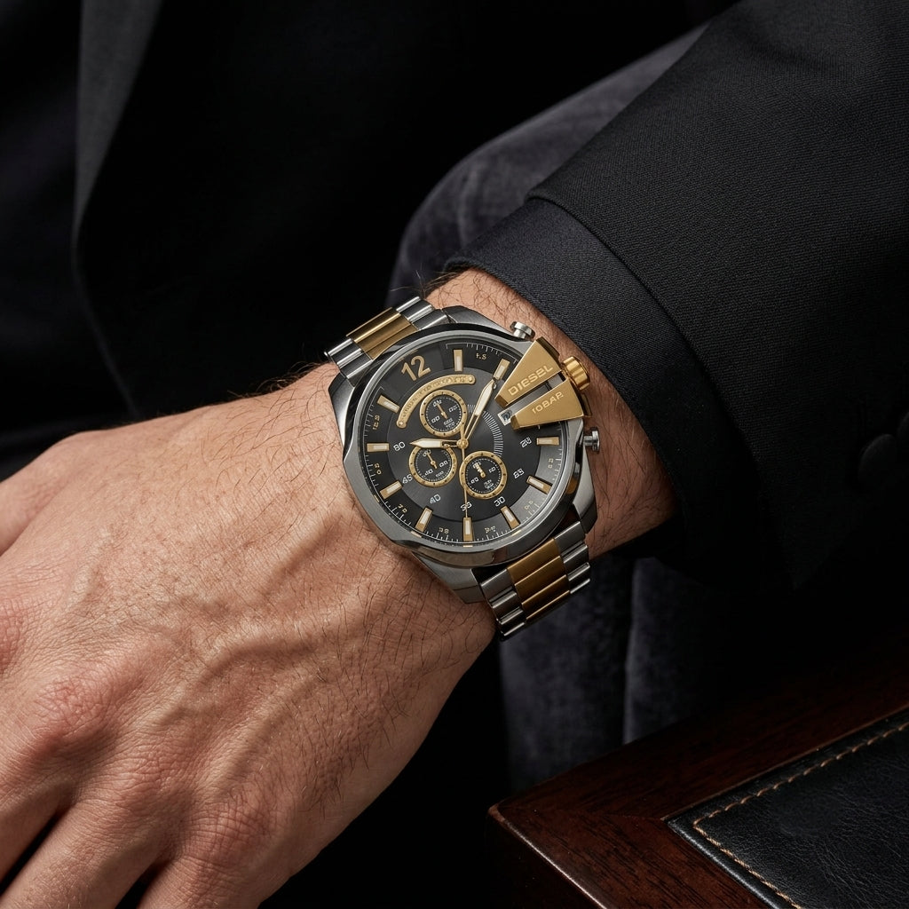 Men's Luxury Chronograph Analog Watch with Stainless Steel Strap