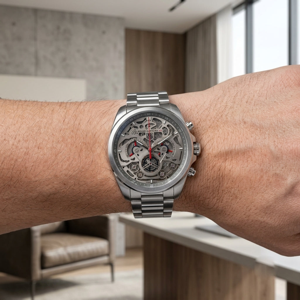Men’s Luxury Skeleton Analog Watch with Stainless Steel Strap