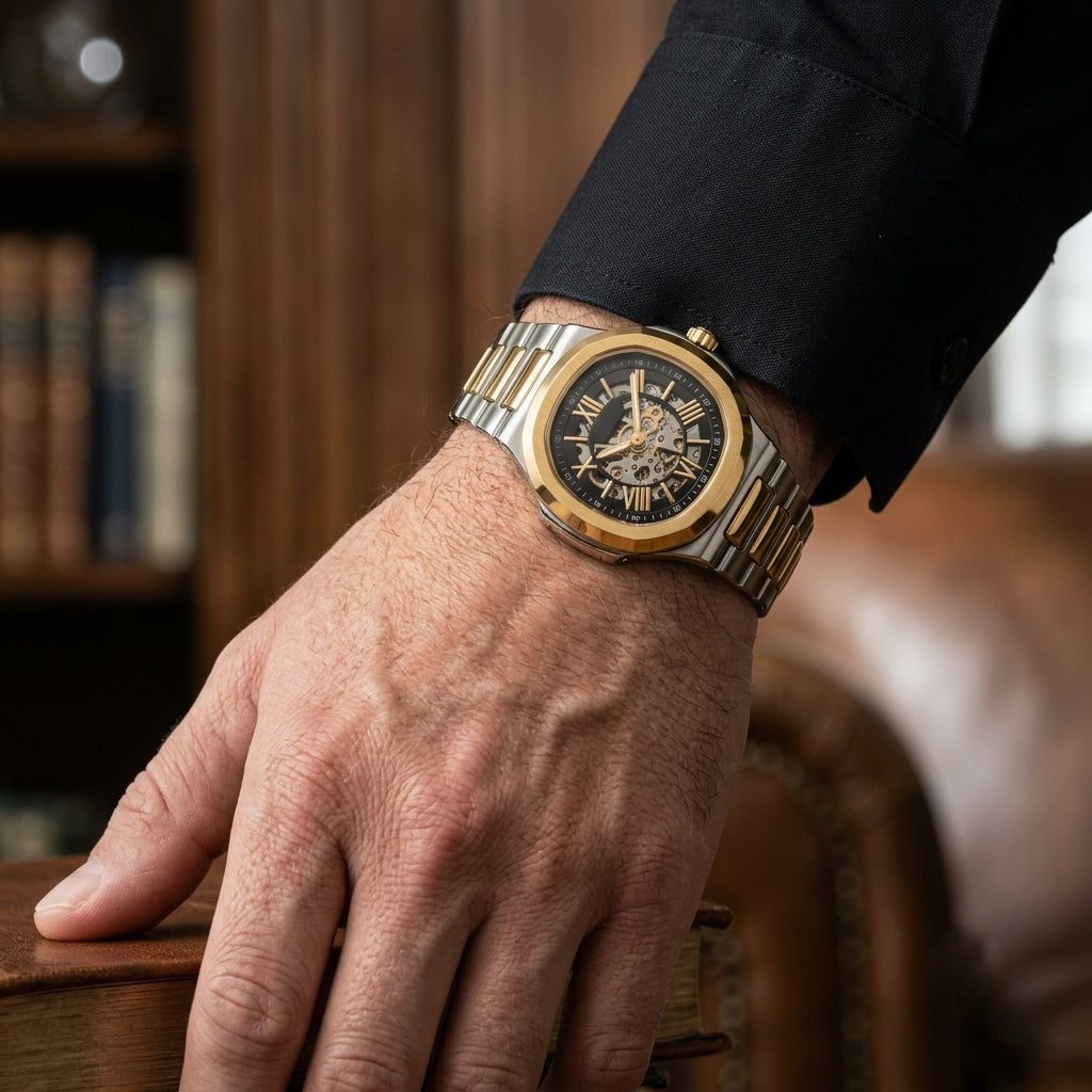 Luxury Men's Automatic Skeleton Watch | Stainless Steel Two-Tone Analog Wrist Watch