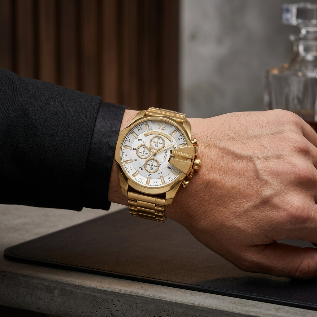 Men's Gold Chronograph Analog Watch with Stainless Steel Strap