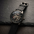 Men's Black Automatic Skeleton Mechanical Watch with Silicone Strap