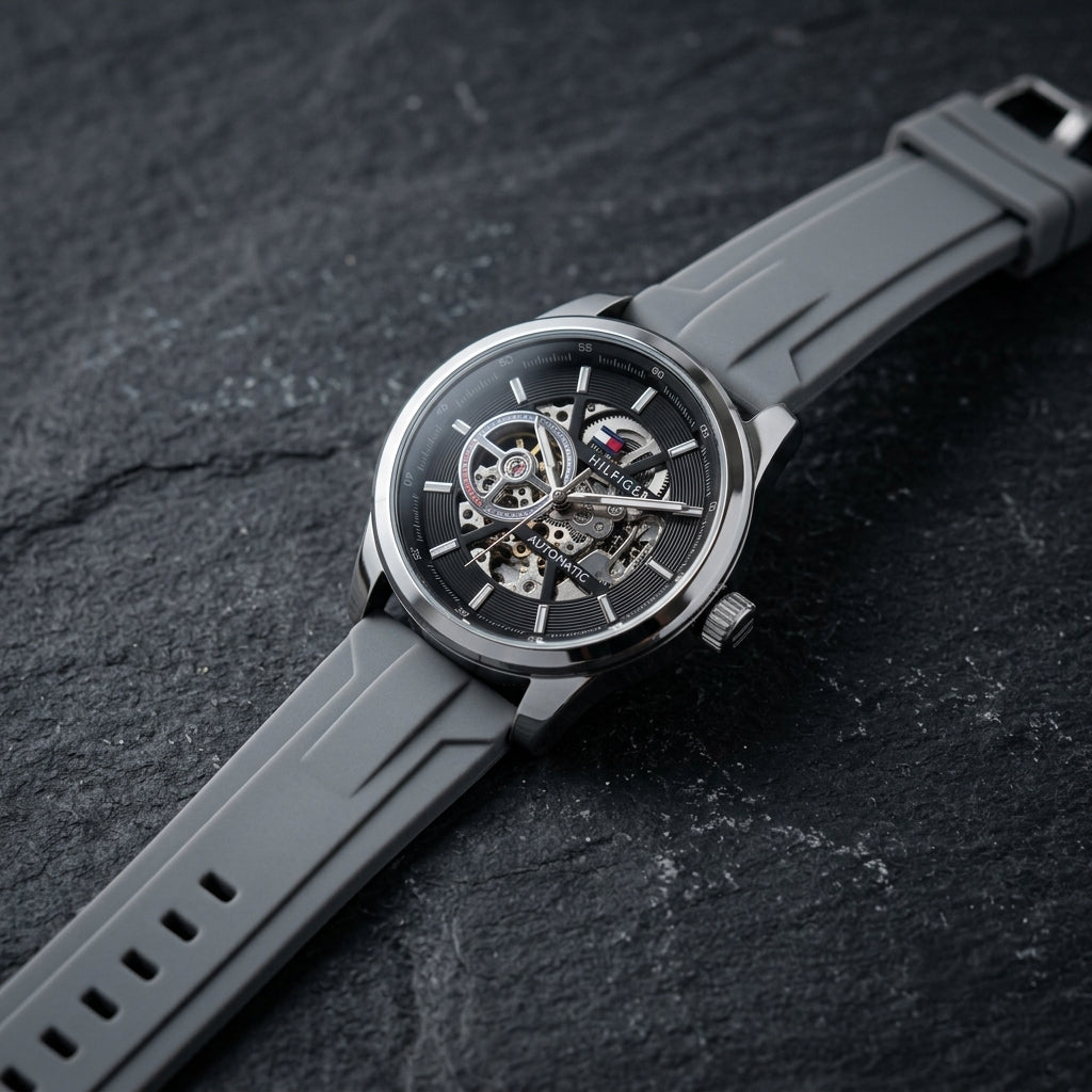 Tommy Hilfiger Men’s Automatic Skeleton Watch – Grey Silicone Strap