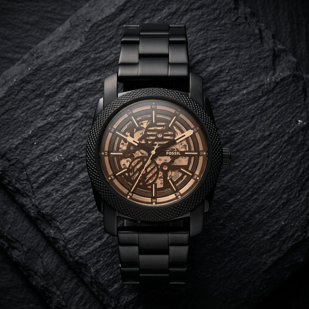 Men's Black Stainless Steel Skeleton Automatic Watch