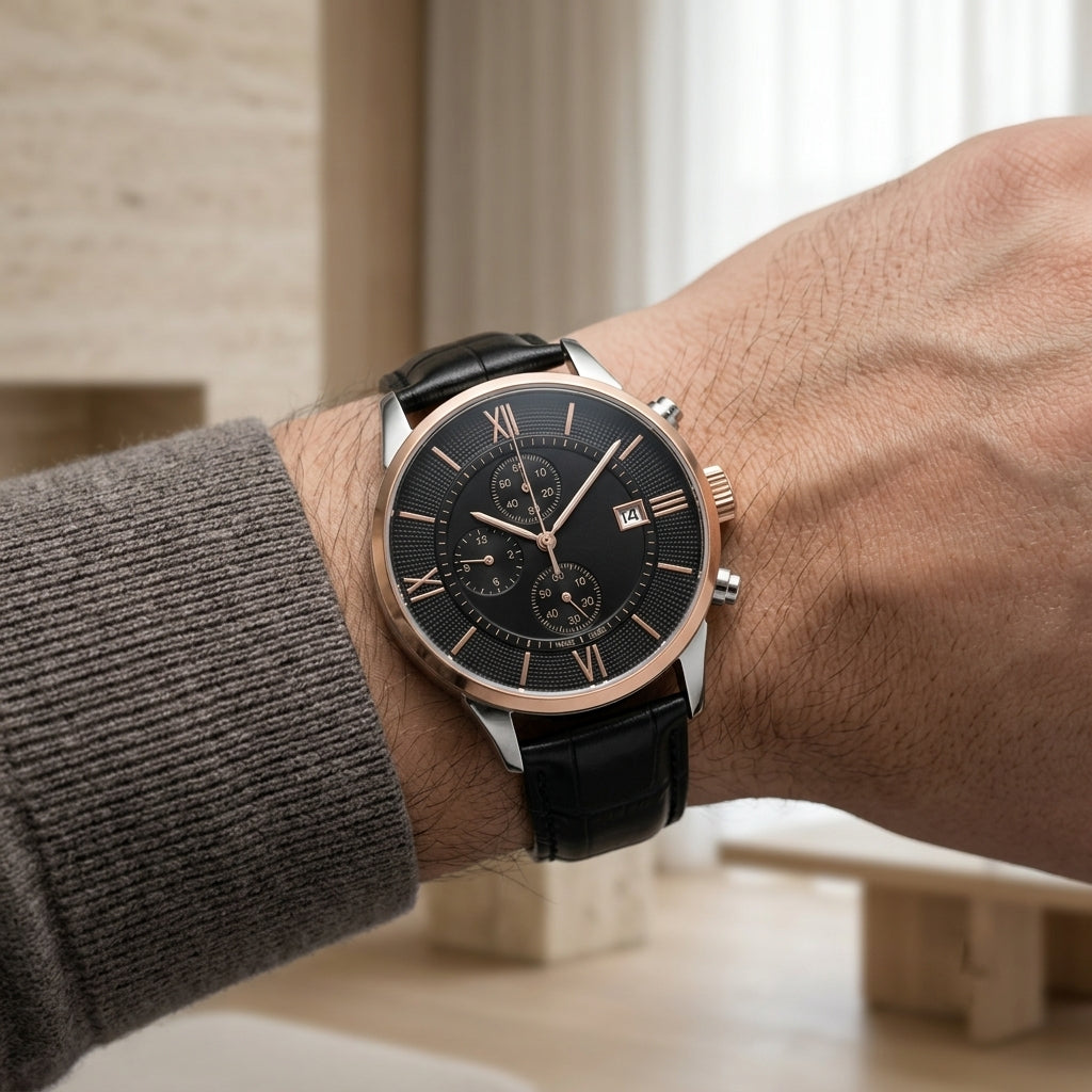 Luxury Men’s Chronograph Watch – Black Leather & Rose Gold