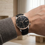 Luxury Men’s Chronograph Watch – Black Leather & Rose Gold