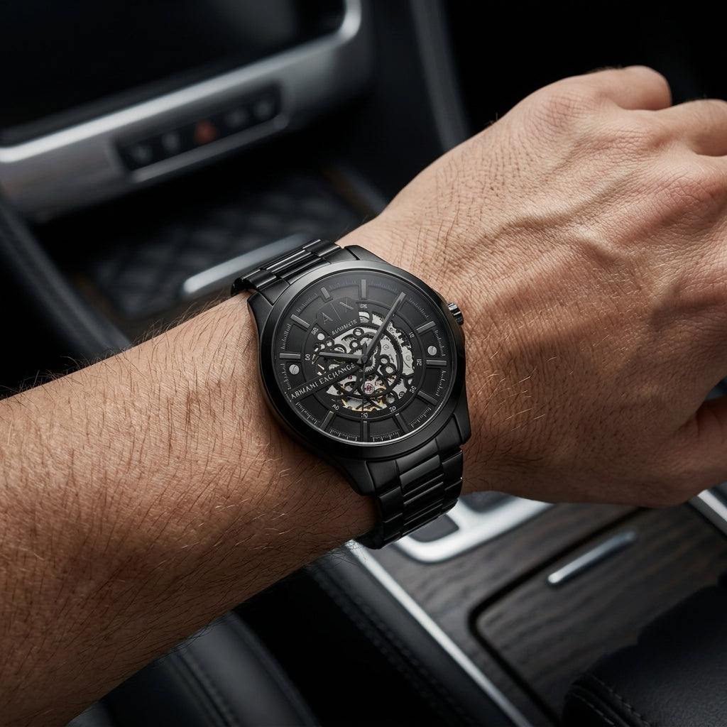 Armani Exchange Automatic Skeleton Watch for Men Black Stainless Steel Analog Wrist Watch