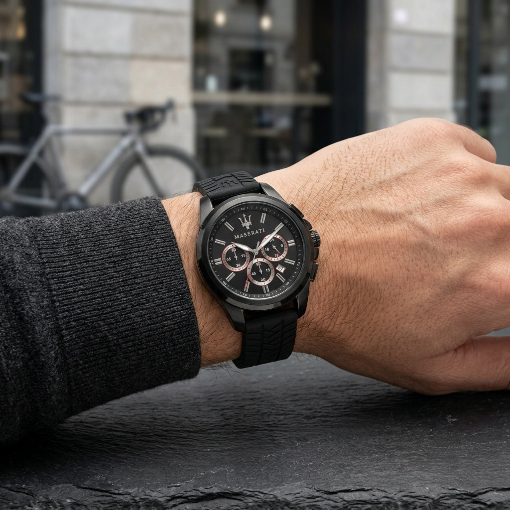 Maserati Men’s Black Analog Chronograph Watch with Silicone Strap