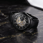 Men's Black Automatic Mechanical Skeleton Watch with Leather Strap