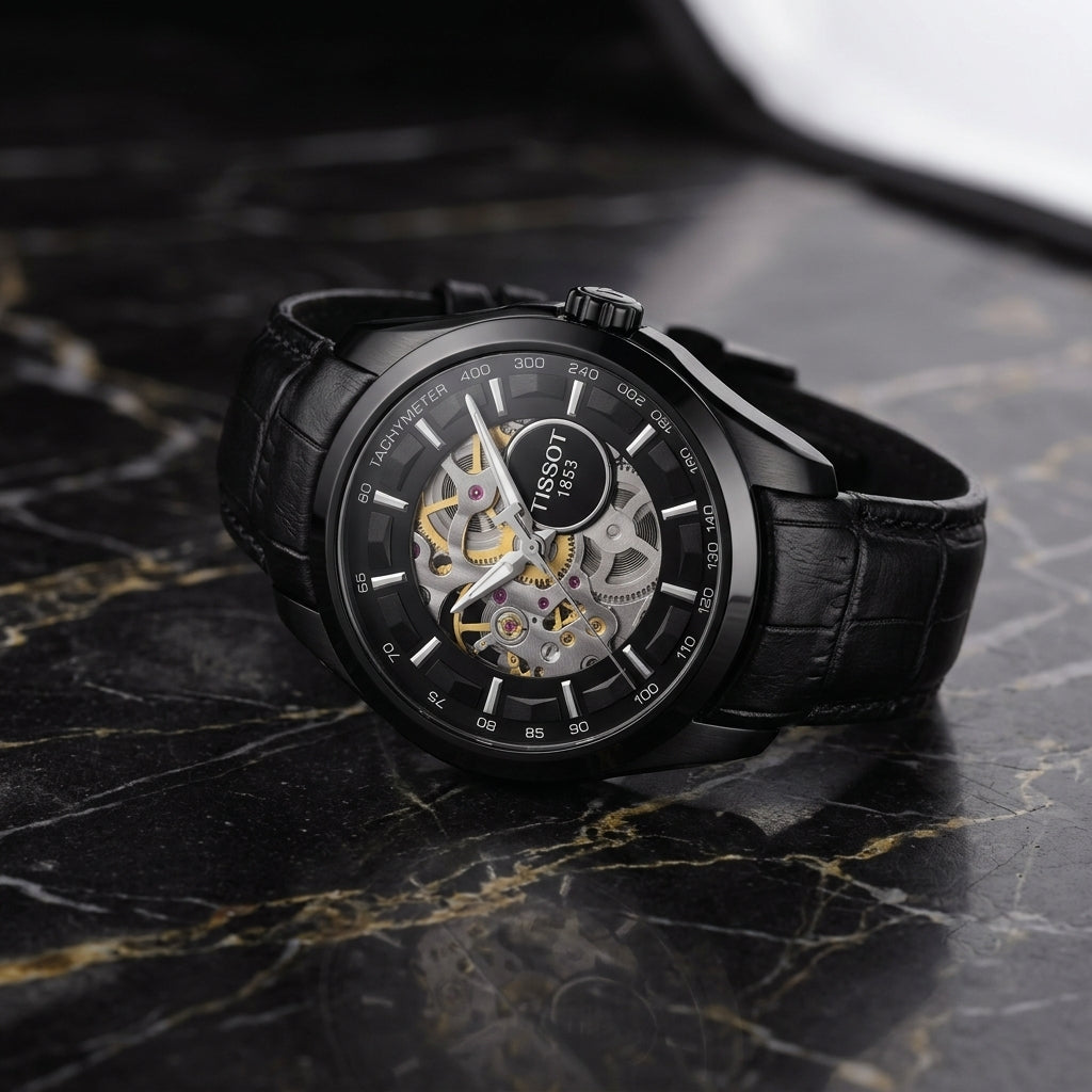 Men's Black Automatic Mechanical Skeleton Watch with Leather Strap