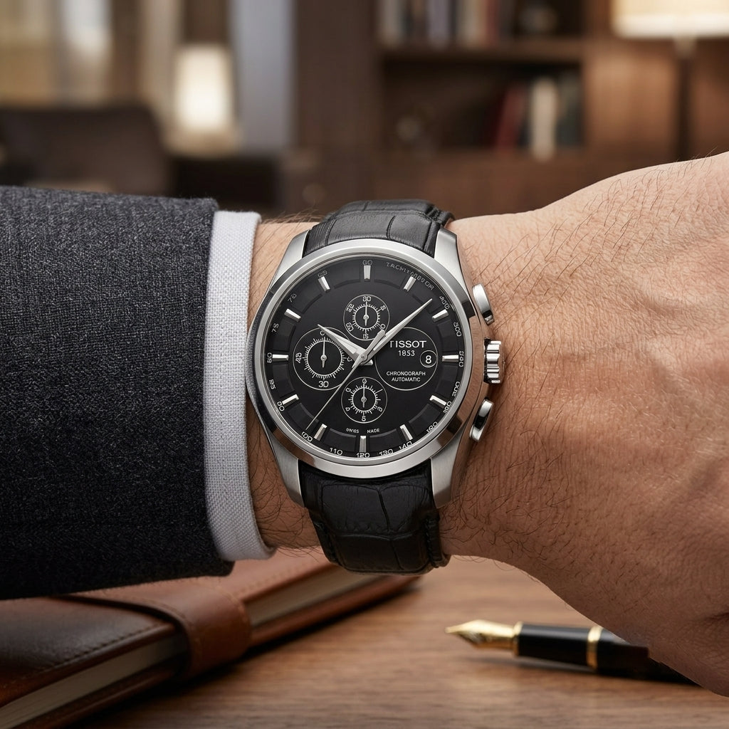 Tissot Men’s Automatic Chronograph Black Dial Leather Strap Watch