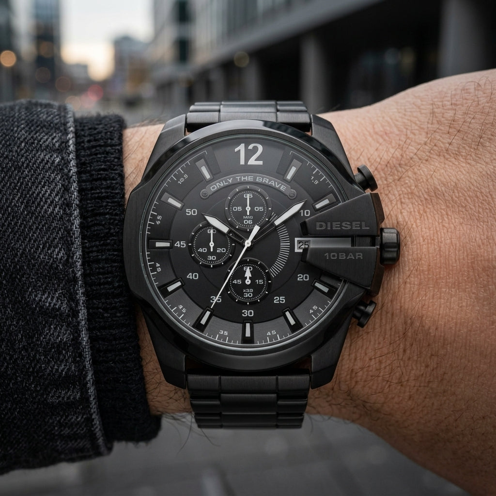 Men's Black Chronograph Analog Watch with Stainless Steel Bracelet & Date Display