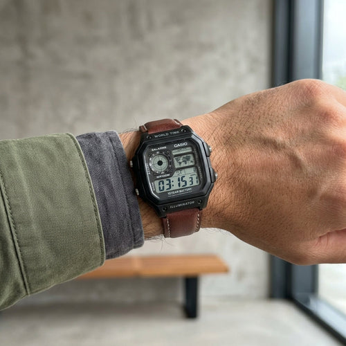 Casio Digital World Time Watch with Brown Leather Strap