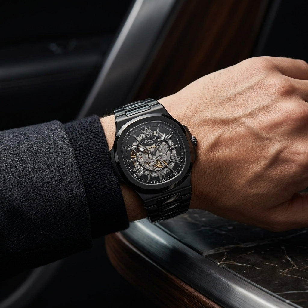 Men's Black Skeleton Automatic Mechanical Watch with Stainless Steel Strap