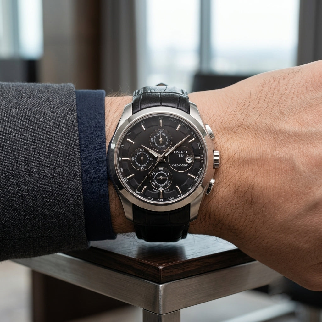 Tissot Chronograph Men's Watch Black Dial Leather Strap