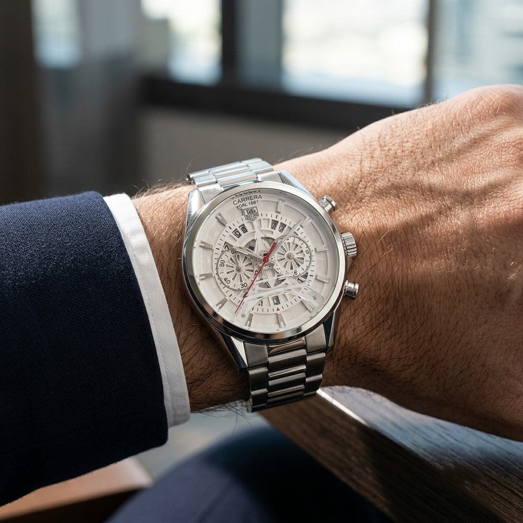 Men’s Silver Stainless Steel Chronograph Watch – Skeleton Dial