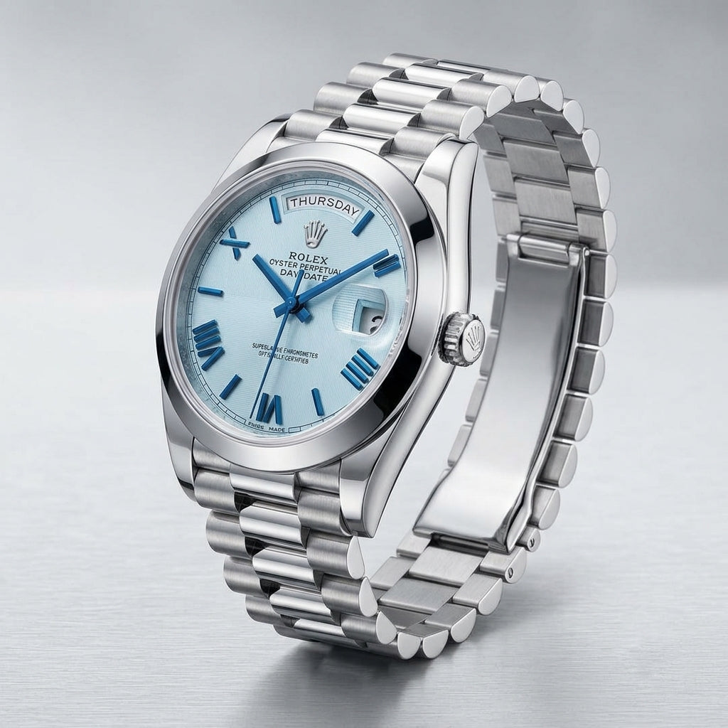 Luxury Day-Date Style Men’s Watch with Blue Dial & Stainless Steel Bracelet