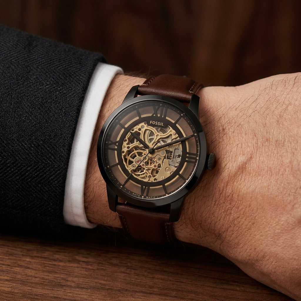 Fossil Men’s Automatic Skeleton Watch with Brown Leather Strap & Black Dial