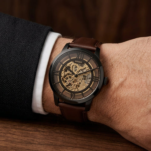 Fossil Men’s Automatic Skeleton Watch with Brown Leather Strap & Black Dial
