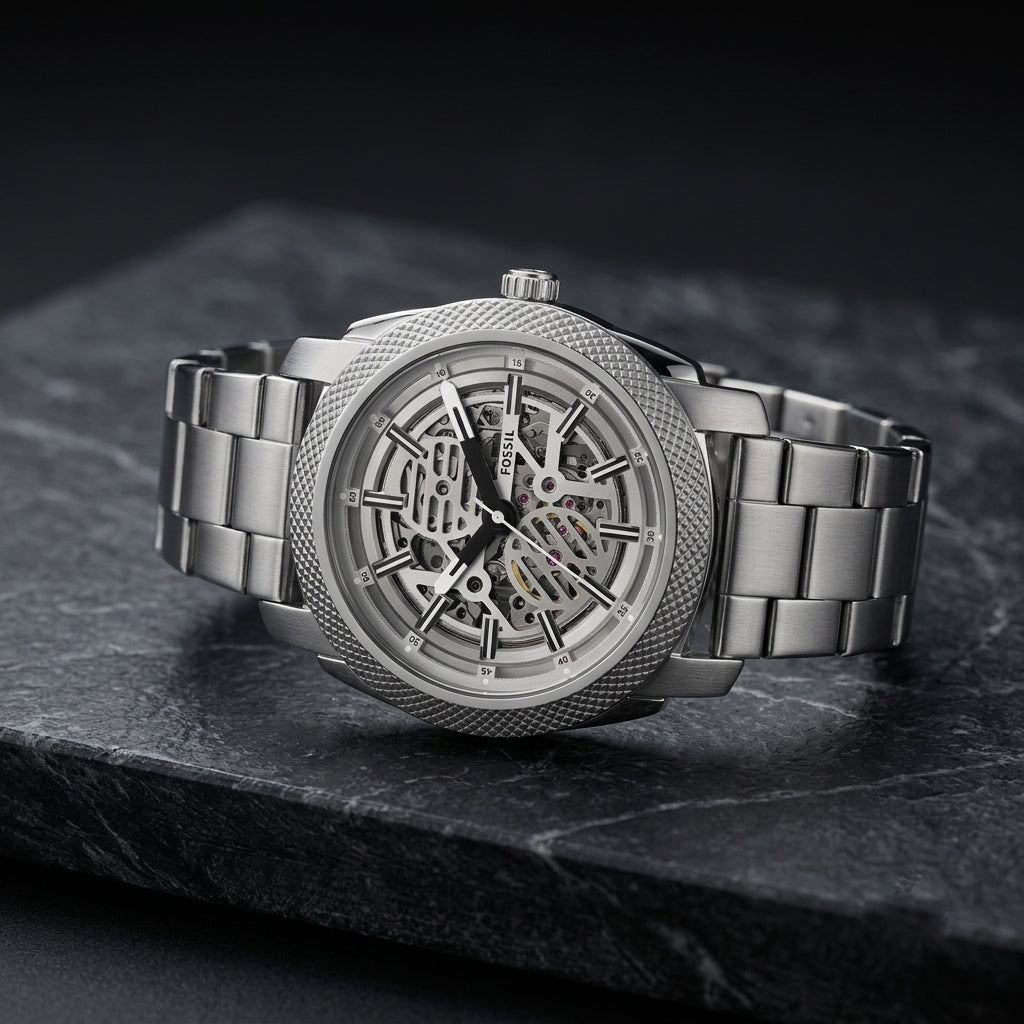 Fossil Silver Stainless Steel Skeleton Automatic Watch for Men