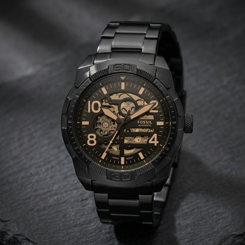 Fossil Automatic Black Stainless Steel Skeleton Watch for Men