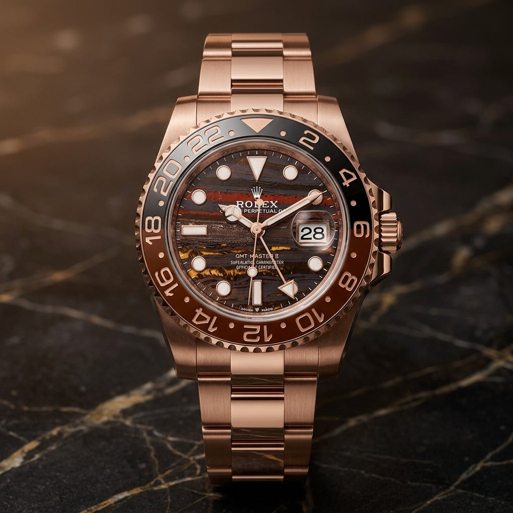Luxury Rose Gold GMT Style Watch with Wood Pattern Dial