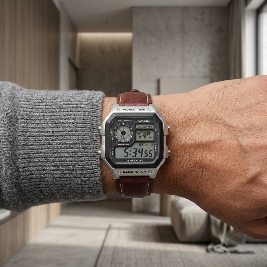 Casio Digital World Time Watch with Brown Leather Strap for Men