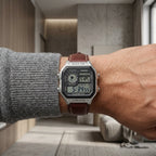 Casio Digital World Time Watch with Brown Leather Strap for Men