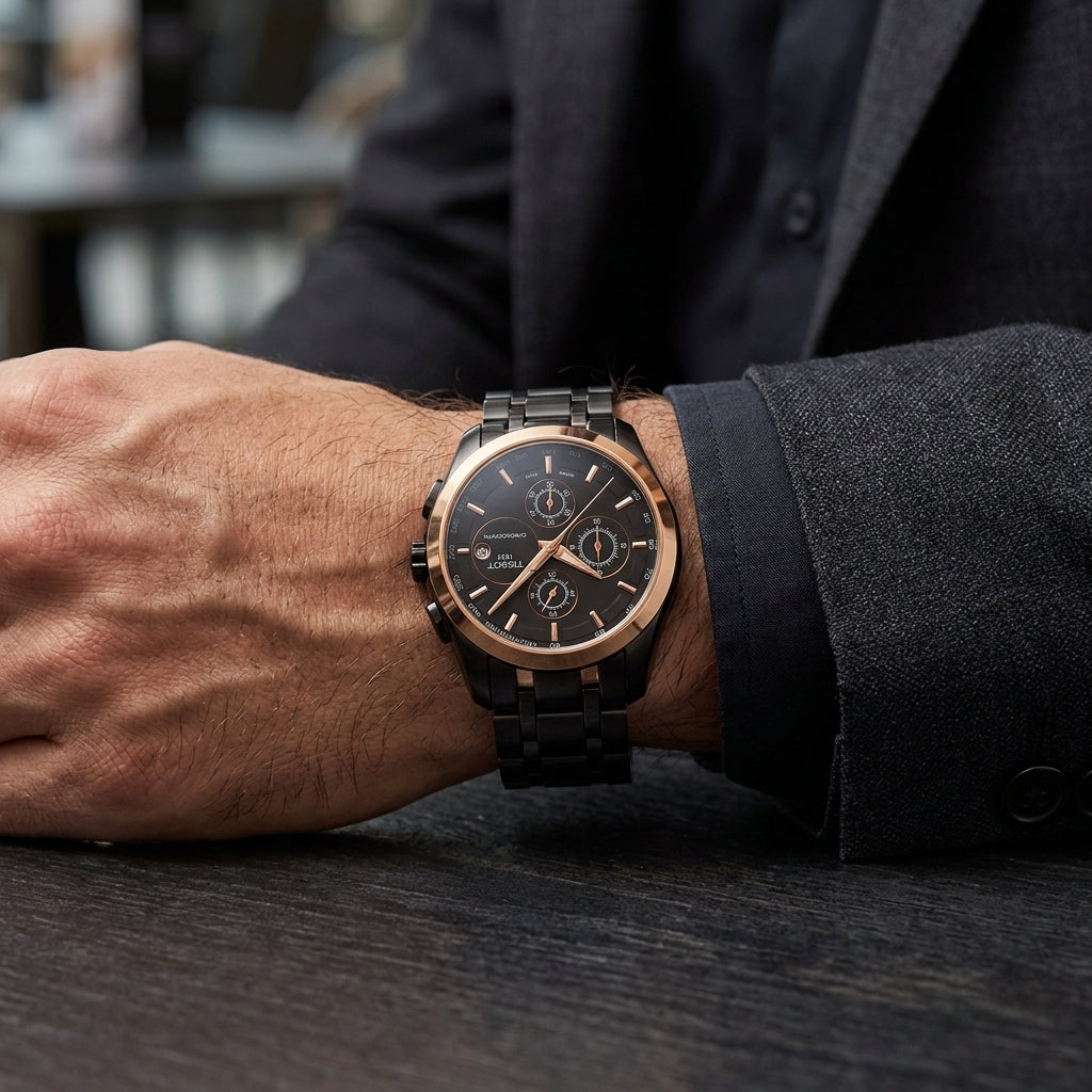 Tissot Chronograph Watch for Men – Black Stainless Steel Rose Gold Tone Tachymeter Dial