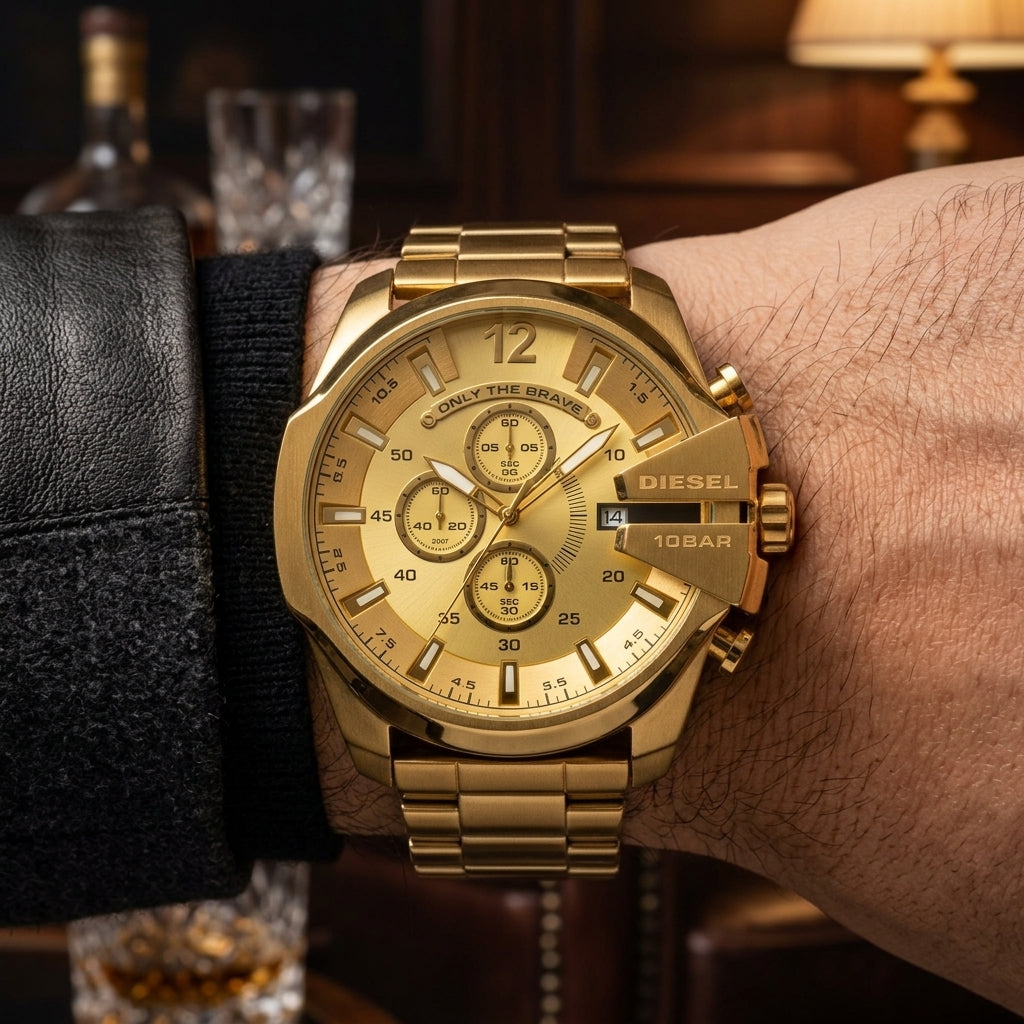 Men's Gold-Tone Chronograph Style Analog Watch with Metal Strap