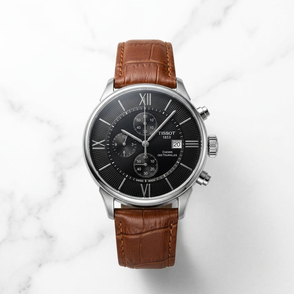 Men’s Classic Chronograph Watch with Brown Leather Strap & Black Dial