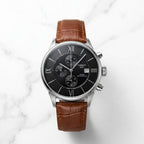 Men’s Classic Chronograph Watch with Brown Leather Strap & Black Dial
