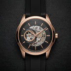 Armani Exchange Men's Analog Skeleton Dial Rose Gold Tone Black Strap Watch