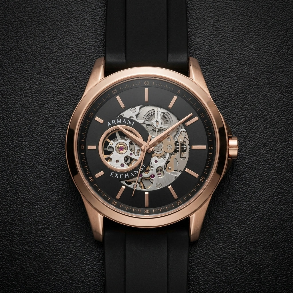 Armani Exchange Men's Analog Skeleton Dial Rose Gold Tone Black Strap Watch
