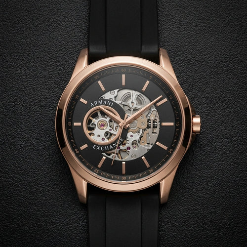 Armani Exchange Men's Analog Skeleton Dial Rose Gold Tone Black Strap Watch