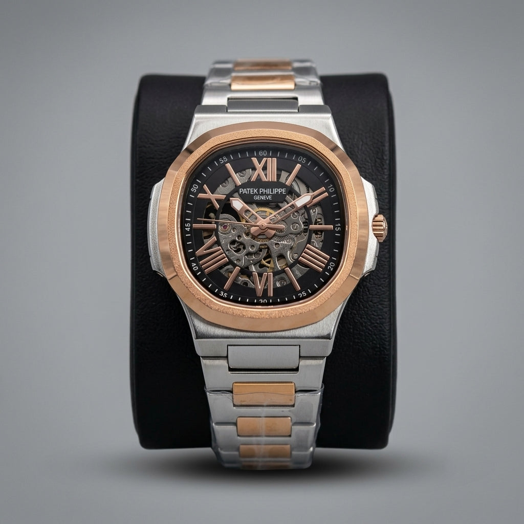Luxury Skeleton Automatic Style Watch for Men – Rose Gold & Silver